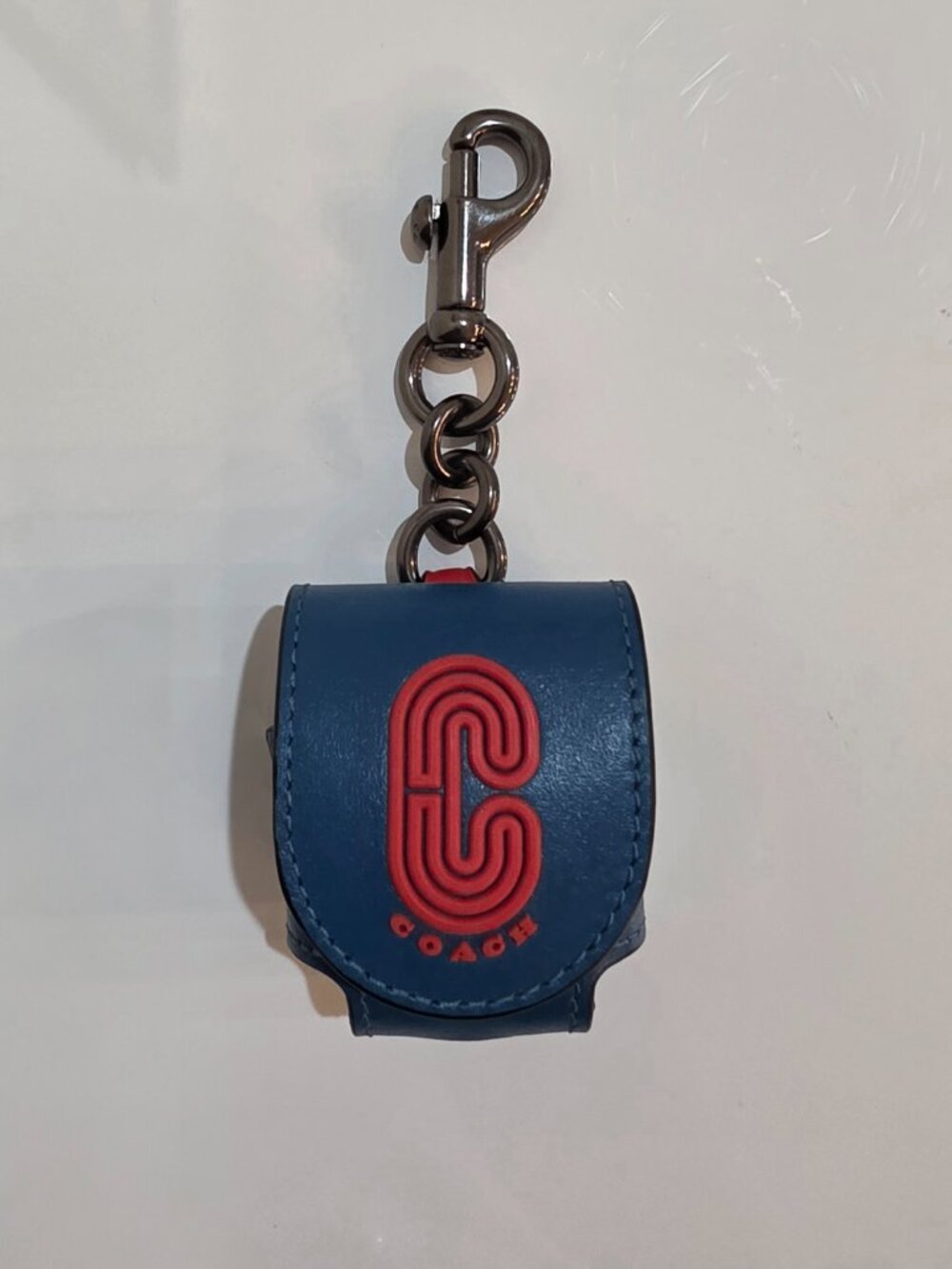 Coach Retro C Patch Leather Wireless Earbud Case Bag Charm - Aegean Blue
